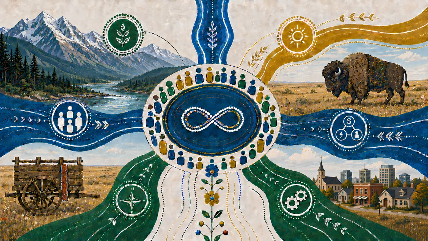 Illustration of a watering hole where land, water, community, and industry converge — mountains, river, prairie, bison, and a beaded Métis infinity symbol at the centre