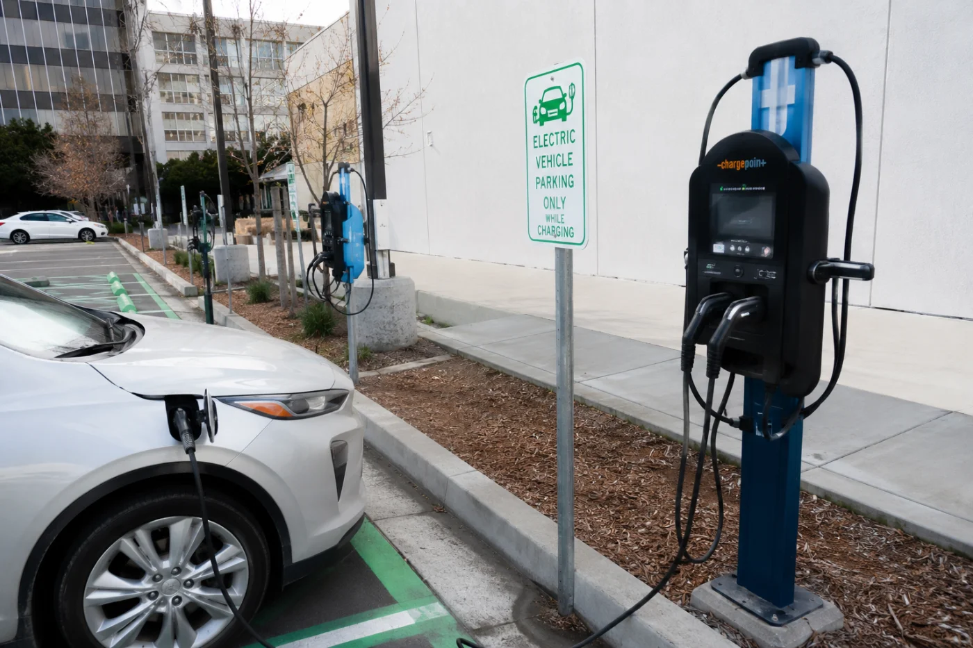 EV charging station with a car plugged in at a building parkade