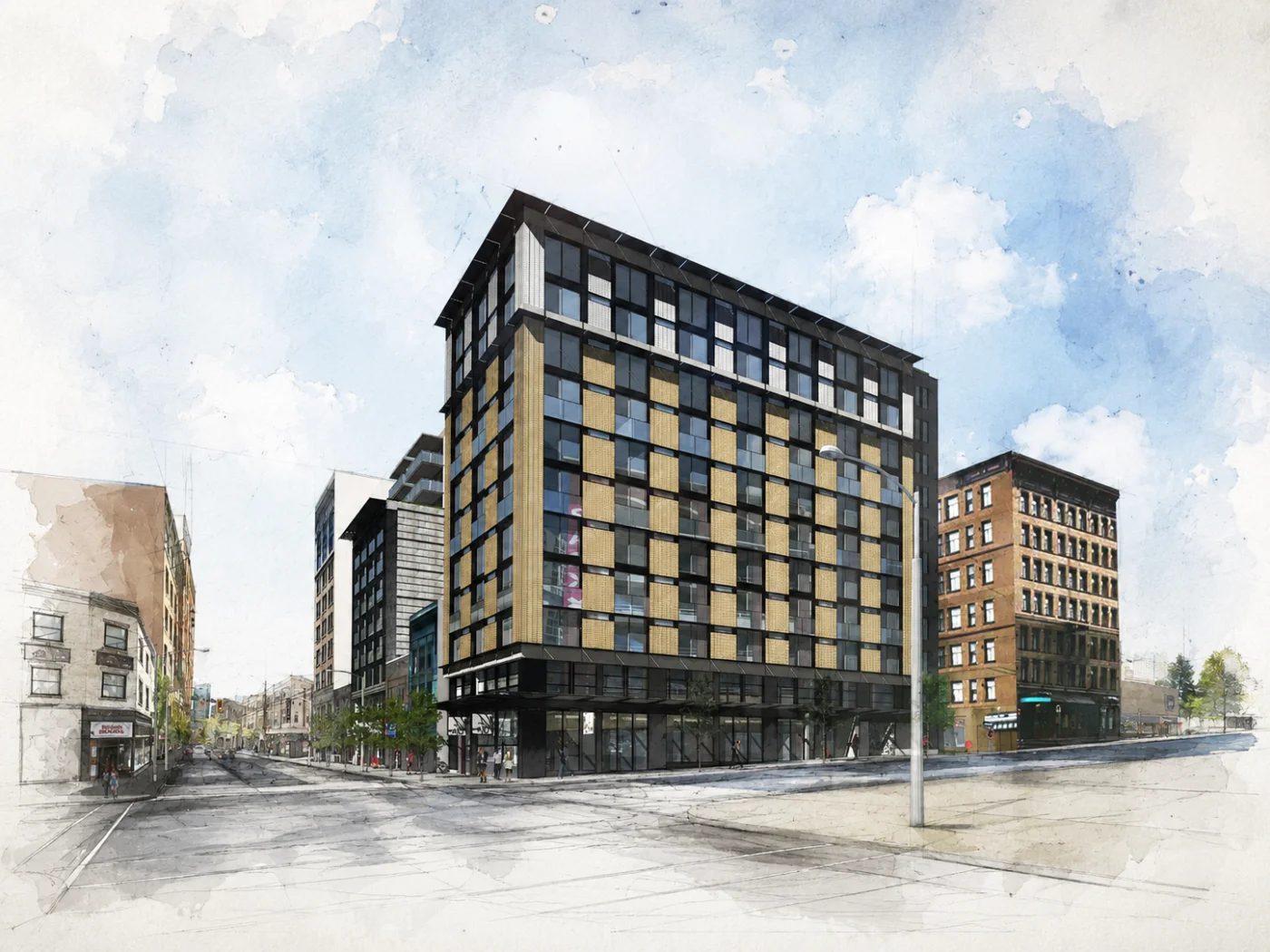 Watercolour rendering of a downtown Vancouver mid-rise tower on a corner site